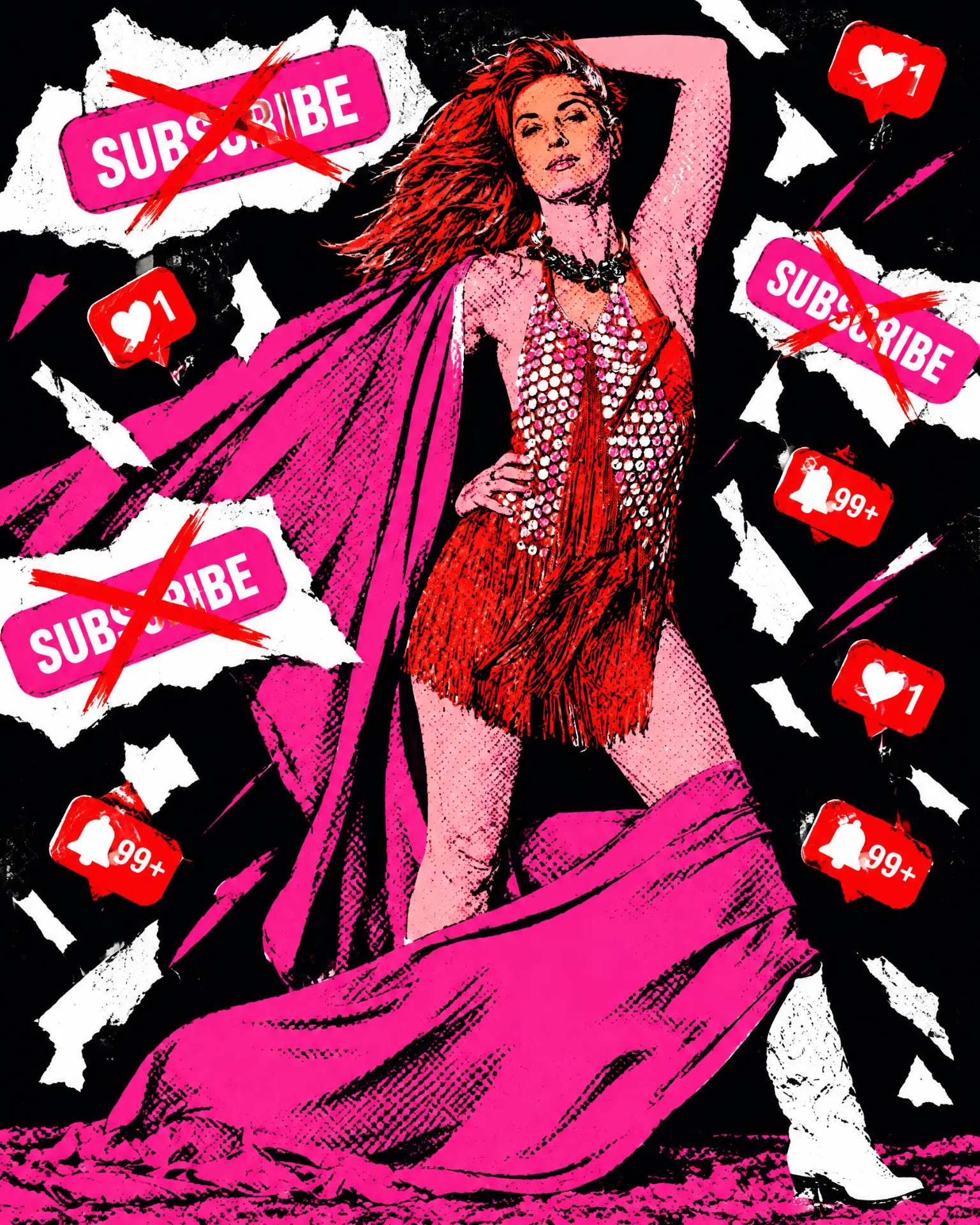 Pop-art illustration of a woman in a fringe dress crossing out subscribe buttons